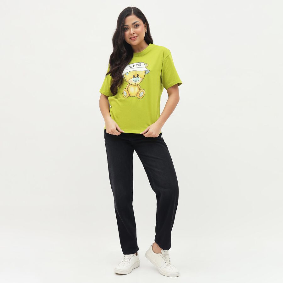 Women's Bright Lime Green Cotton Round Neck Graphic T-Shirt, Neon Green, large