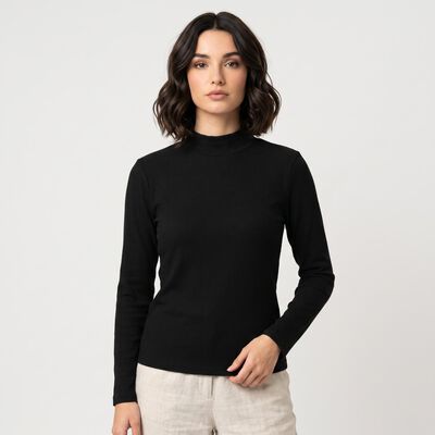 Women's Black Cotton Blend High Neck Regular Top