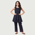 Women's Navy Blue Solid Ethnic Set, टील ब्लू, small