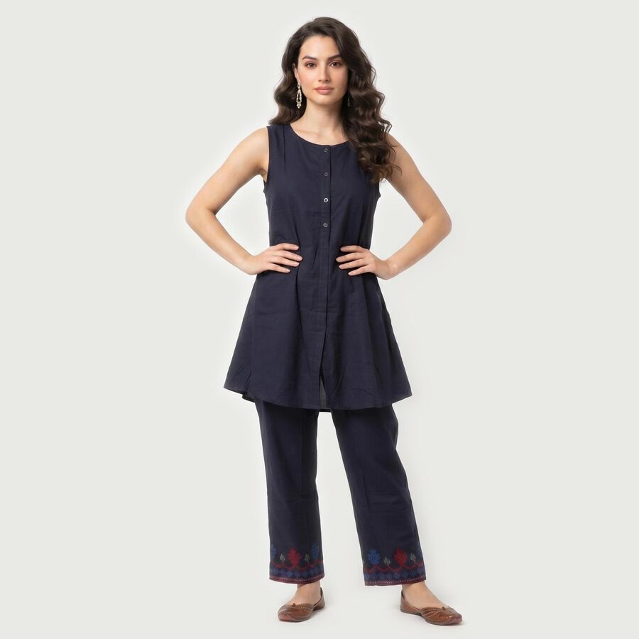 Women's Navy Blue Solid Ethnic Set, टील ब्लू, large