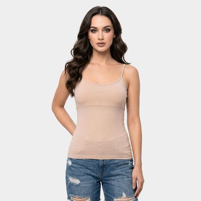 Women Brown Cotton Blend Scoop Neck Camisole Slips