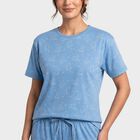 Women's Blue Round Neck Printed Night Suit, मध्यम नीला, small