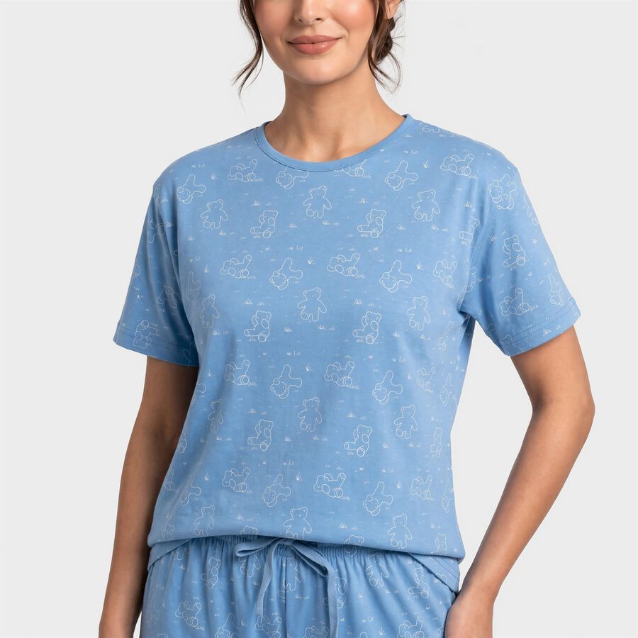 Women's Blue Round Neck Printed Night Suit, मध्यम नीला, large