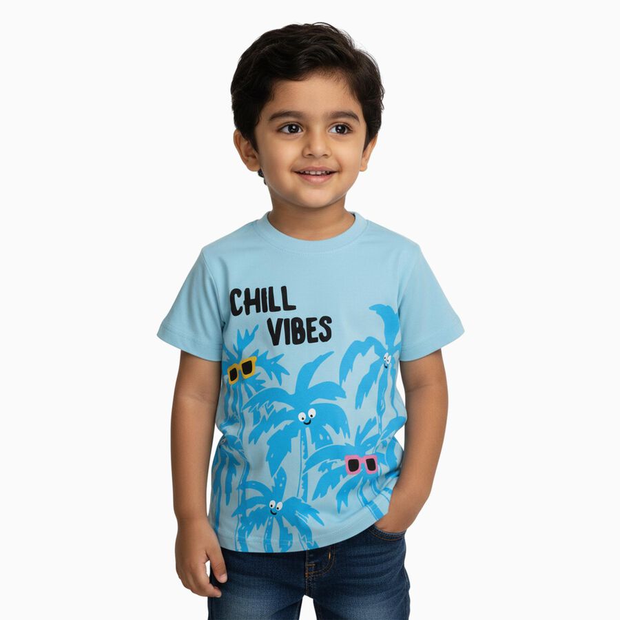 Boys Light Blue Cotton Round Neck Casual T-Shirt, हल्का नीला, large image number null