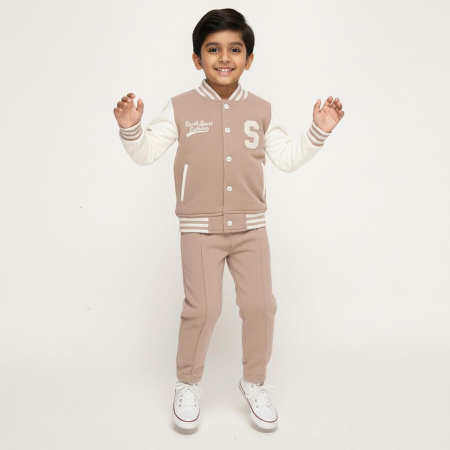 Boys' Beige Varsity Neck Embroidered Baba Suit, गहरा पीला, large image number null