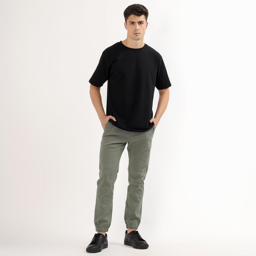 Men's Muted Sage Green Slim Fit Elastic Waist Casual Trousers, Light Green, large image number null