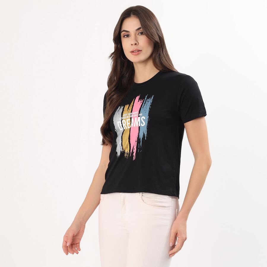 Women's Jet Black Round Neck Casual T-Shirt, Black, large