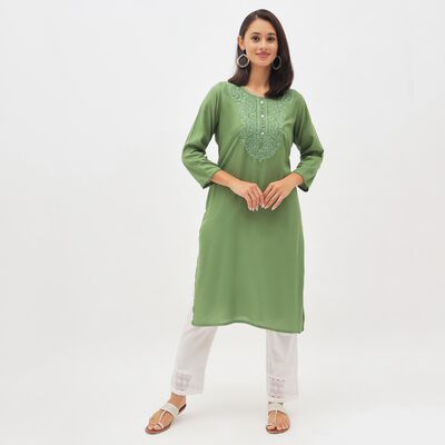 Women's Olive Green Round Neck Embroidered Kurta