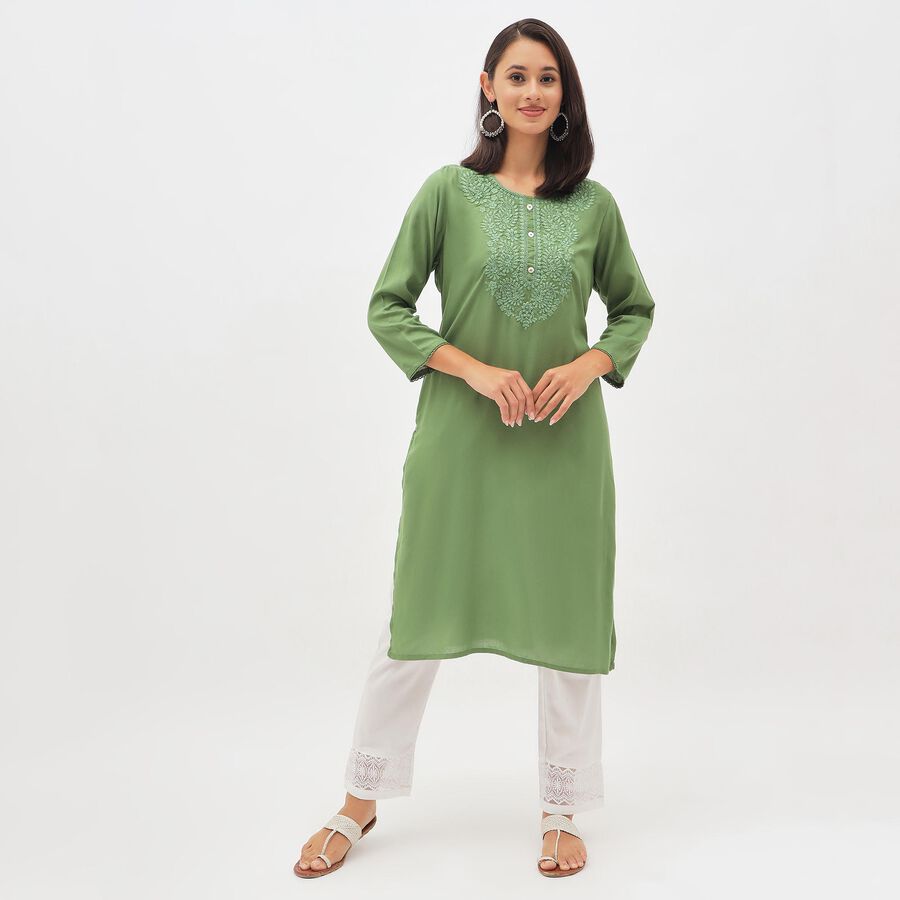 Women's Olive Green Round Neck Embroidered Kurta, Olive, large image number null