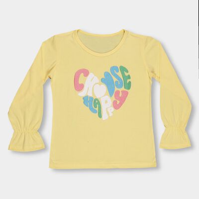 Girls Bright Yellow Cotton Round Neck Casual Top