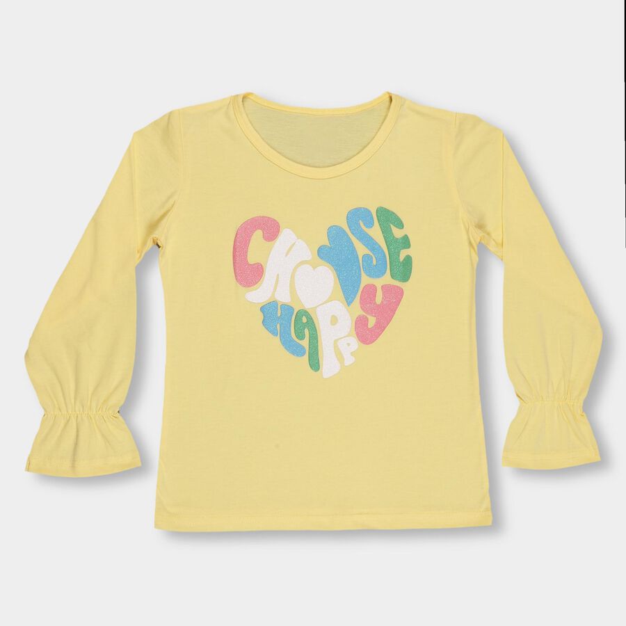 Girls Bright Yellow Cotton Round Neck Casual Top, पीला, large image number null