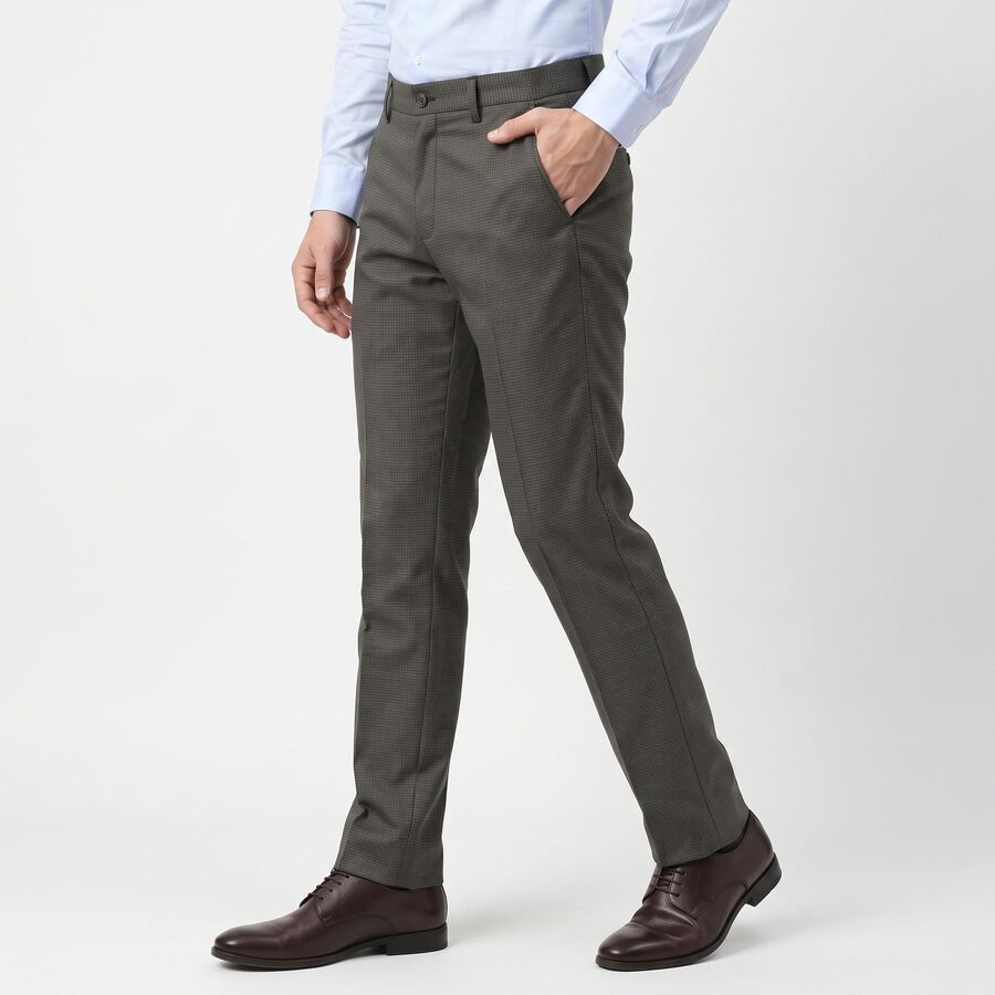 Men's Grey Slim Fit Textured Formal Trousers, गहरा ग्रे, large