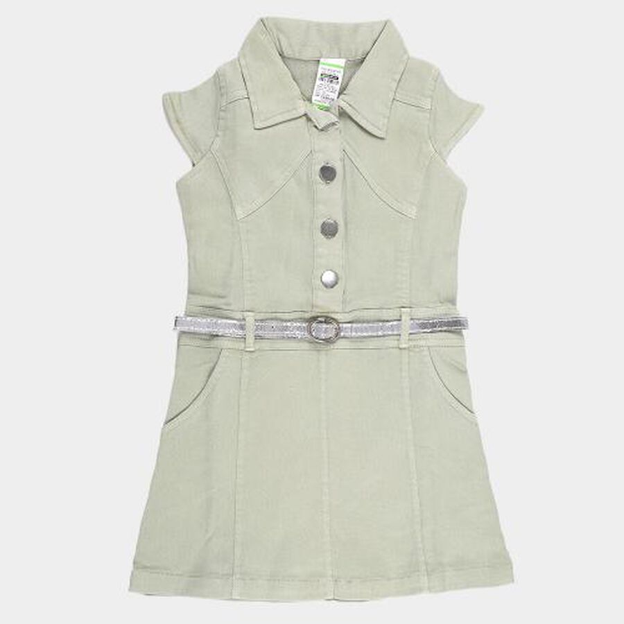 Girls' Light Sage Green Button-Down Collared Frock with Belt, Light Green, large image number null