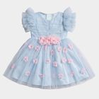 Girls' Light Blue Fit and Flare 3D Floral Applique Party Wear Frock, हल्का नीला, small