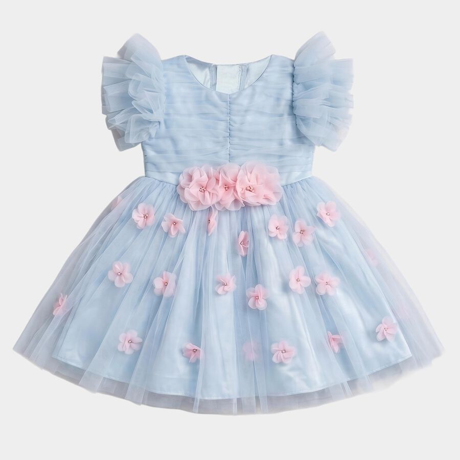 Girls' Light Blue Fit and Flare 3D Floral Applique Party Wear Frock, हल्का नीला, large