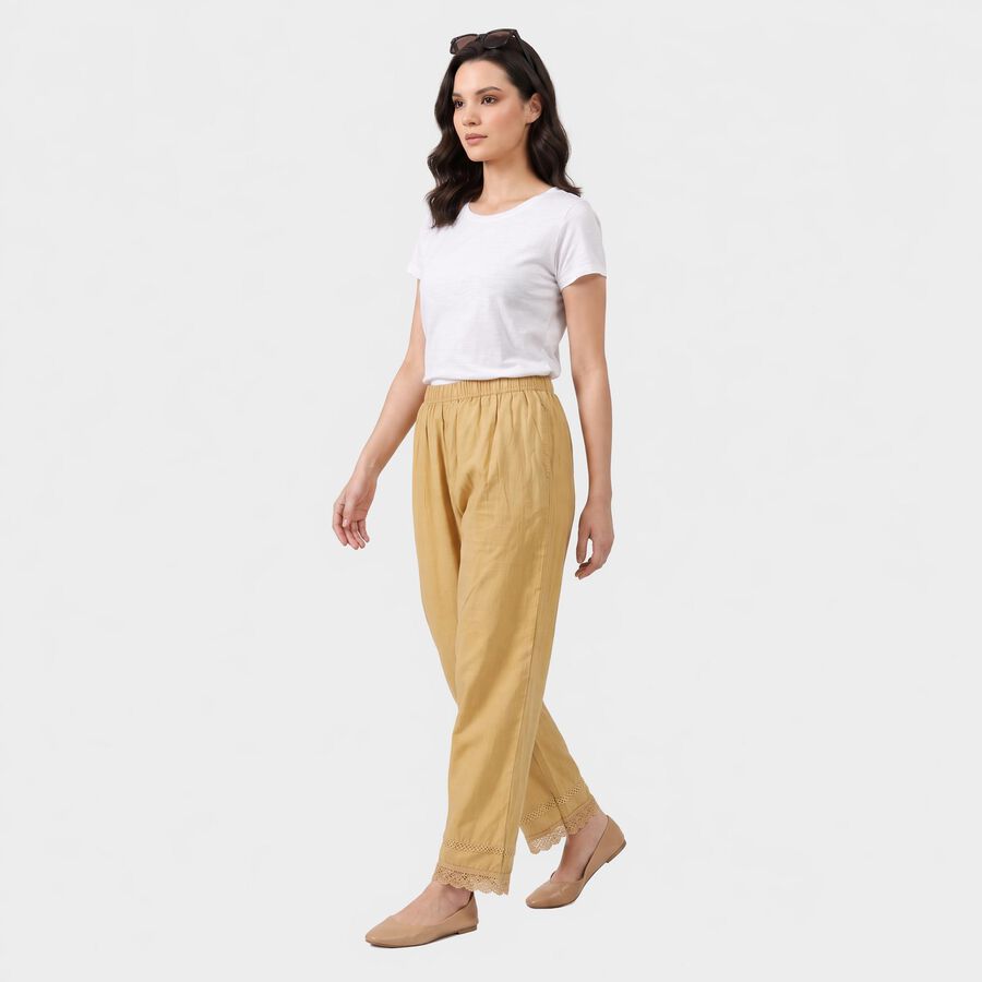 Women's Beige Regular Fit Solid Lace Hem Palazzos, Beige, large