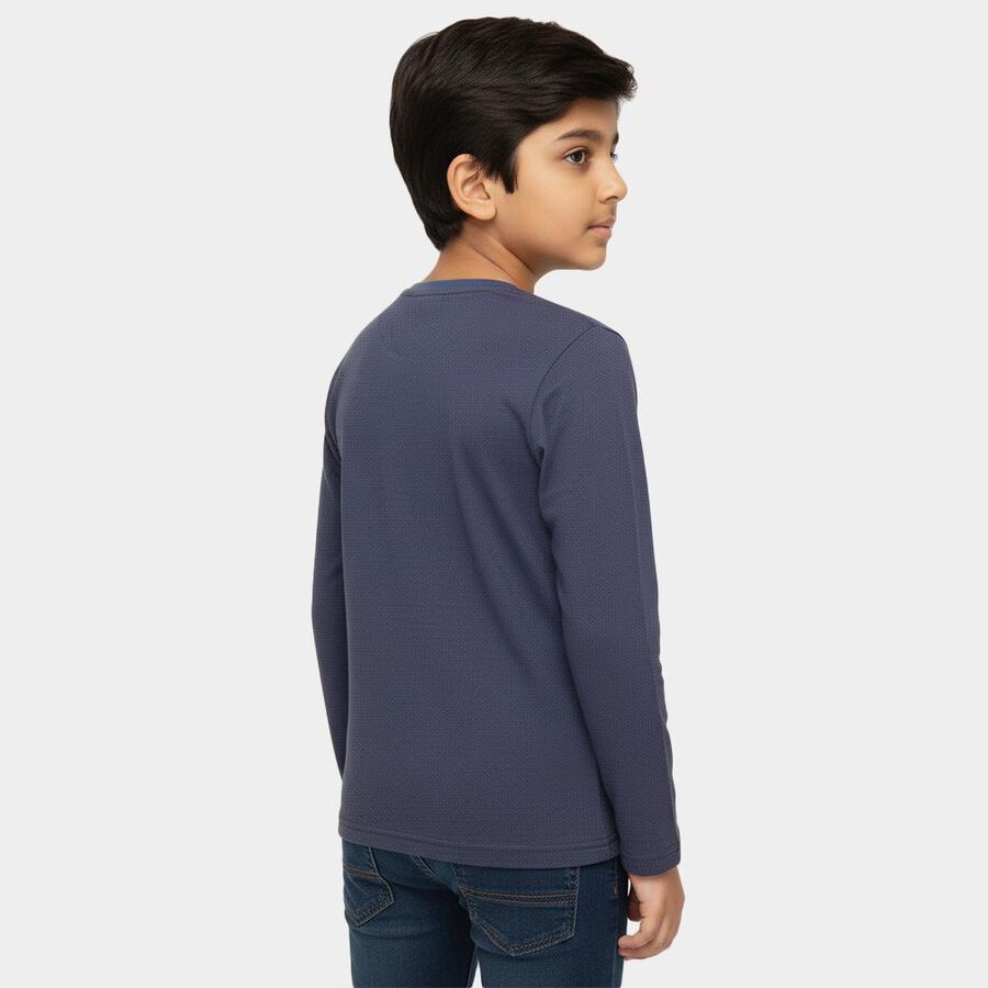 Boys' Navy Blue Round Neck Casual Full Sleeve T-Shirt, मध्यम नीला, large image number null