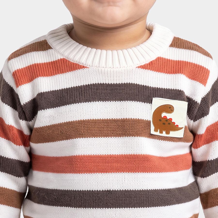 Infants White Crew Neck Striped Pullover, सफ़ेद, large