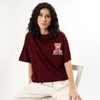 Women's Rich Wine Cotton Round Neck Casual T-Shirt, Wine, small