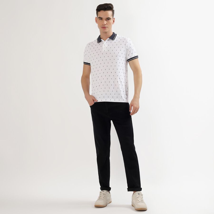Men's White Cotton Polo Neck Printed T-Shirt, Navy Blue, large image number null