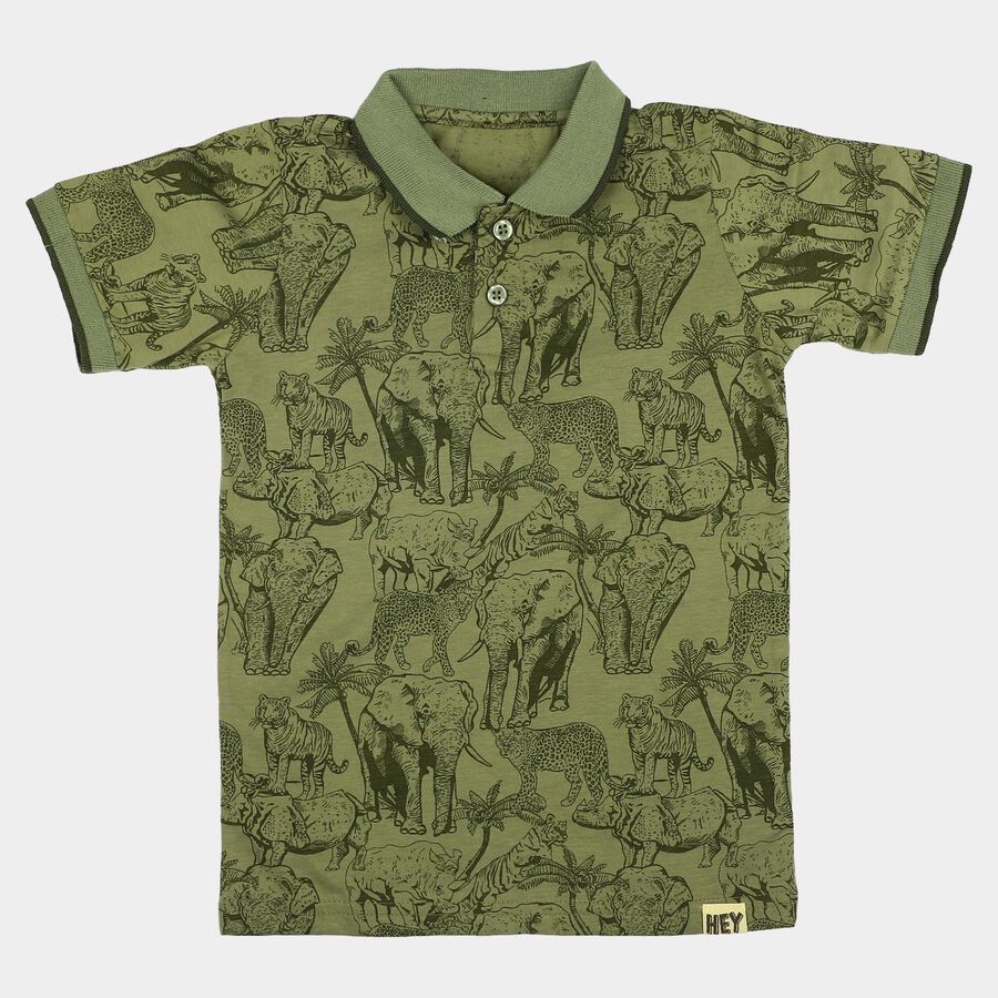 Boys Olive Green Cotton Polo Neck Casual T-Shirt, Olive, large