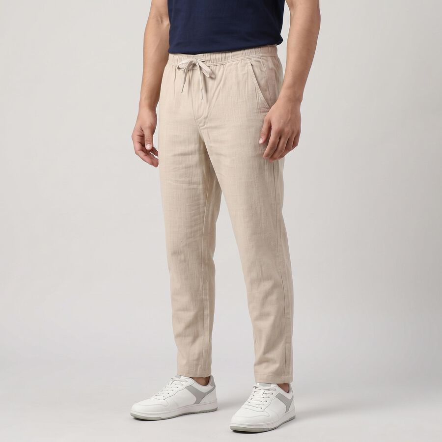 Men's Grey Slim Fit Drawstring Casual Trousers, हल्का ग्रे, large