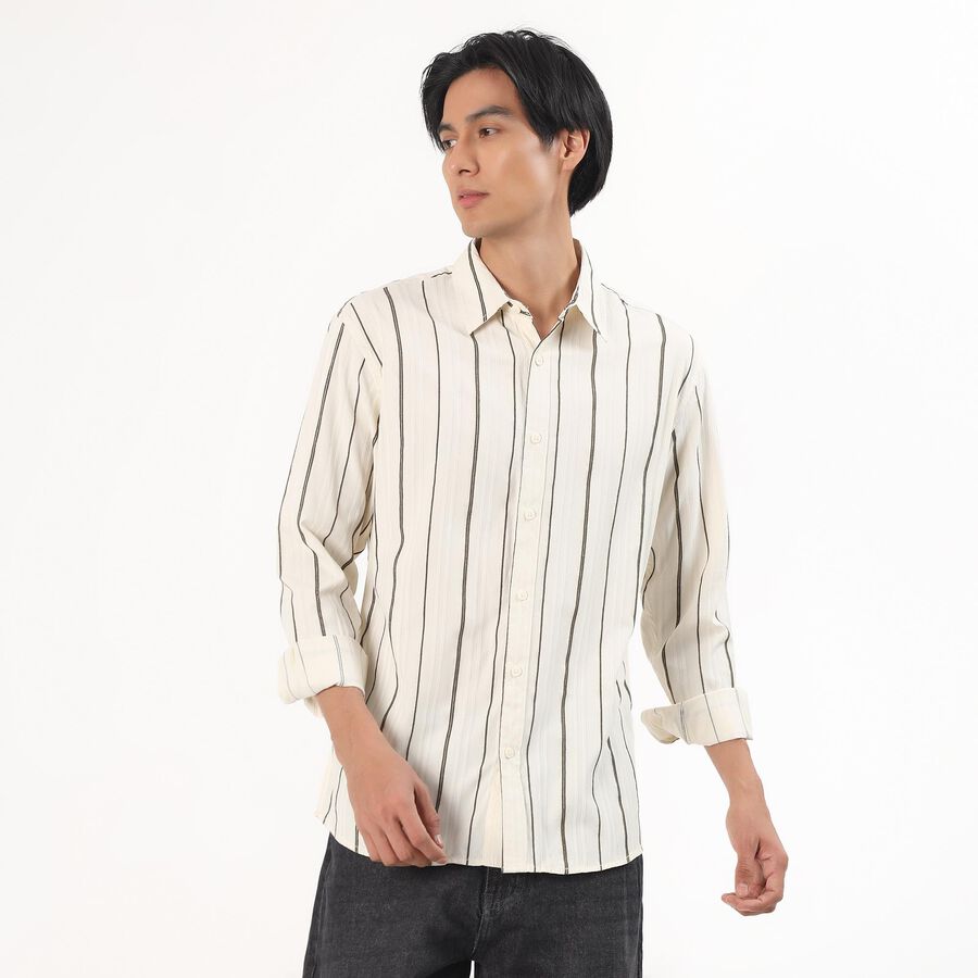 Men's Light Beige Cotton Full Sleeve Classic Collar Striped Shirt, Olive, large image number null