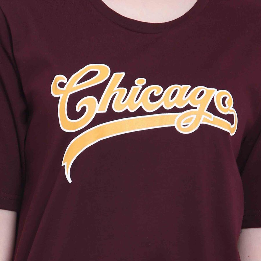 Printed Round Neck T-Shirt, Wine, large image number null