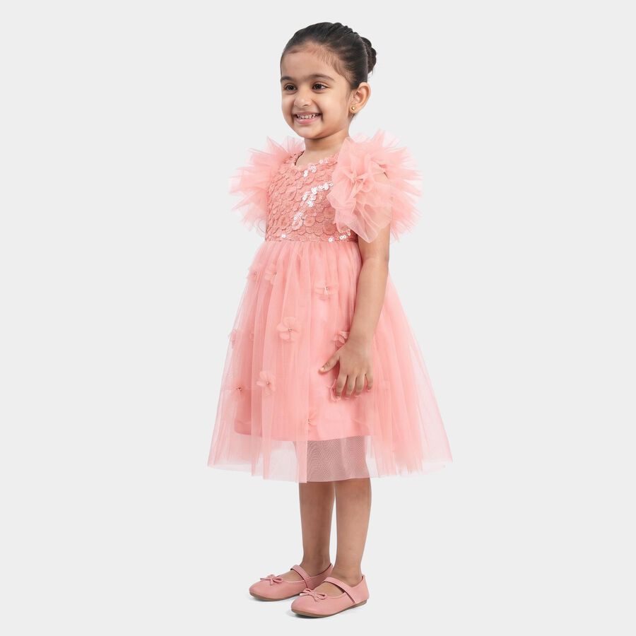Girls' Light Pink Fit and Flare Sequin Applique Party Wear Frock, Light Pink, large
