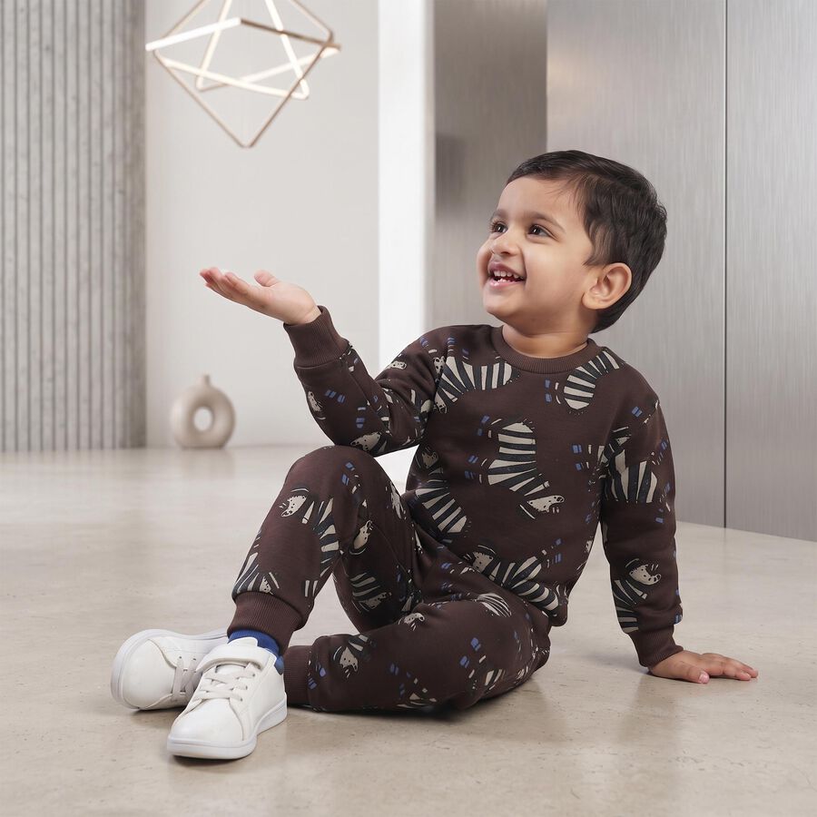 Boys Brown Crew Neck Graphic Print Baba Suit, Brown, large