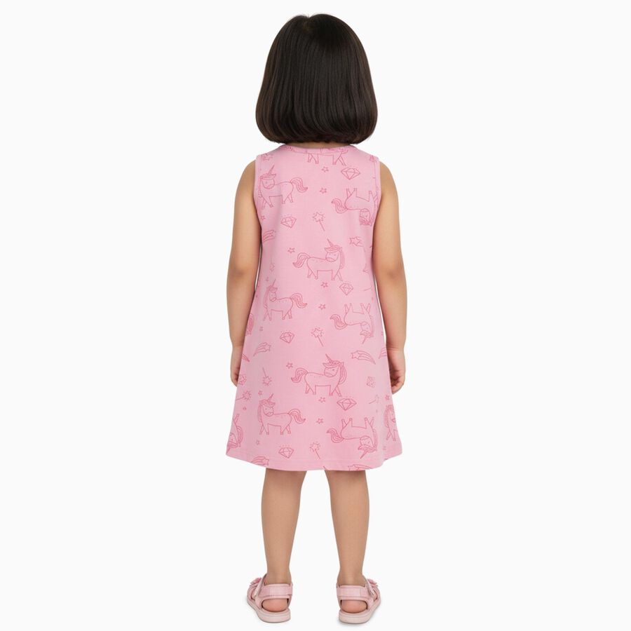 Girls' Pink Unicorn Print Sleeveless A-Line Frock, हल्का गुलाबी, large image number null