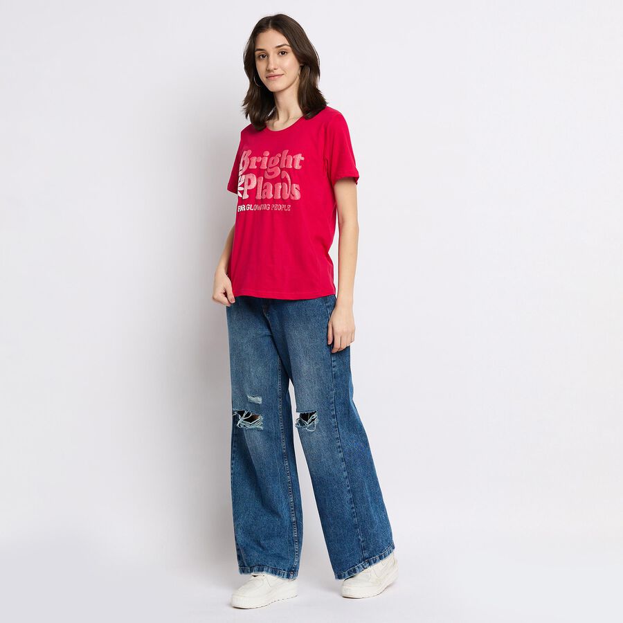 Ladies' 100% Cotton Round Neck T-Shirt , Fuchsia, large image number null