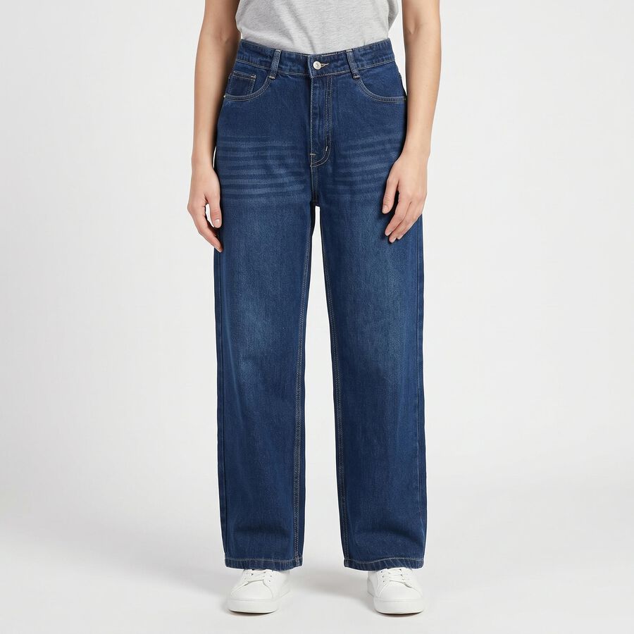 Women's Blue Wide Leg Washed Jeans, Mid Blue, large