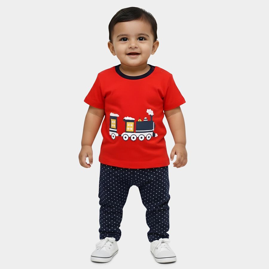 Infants' Red Cotton Round Neck Casual T-Shirt, Red, large