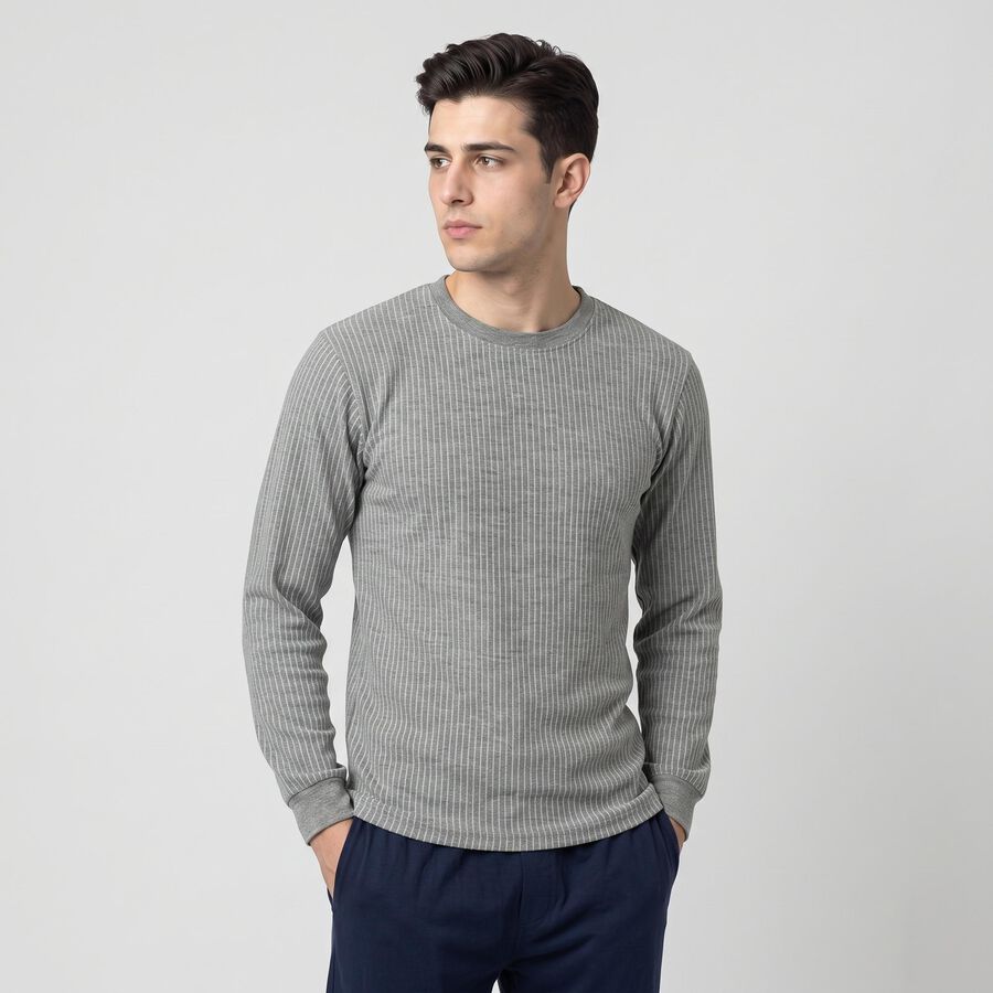 Men's Melange Mid Grey Long Sleeve Thermal, मिश्रित मध्यम ग्रे, large