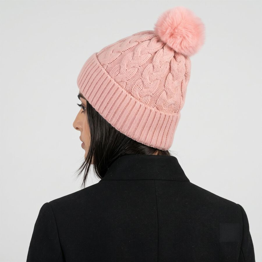 Women's Pink Cable Knit Pom-Pom Beanie Cap, हल्का गुलाबी, large