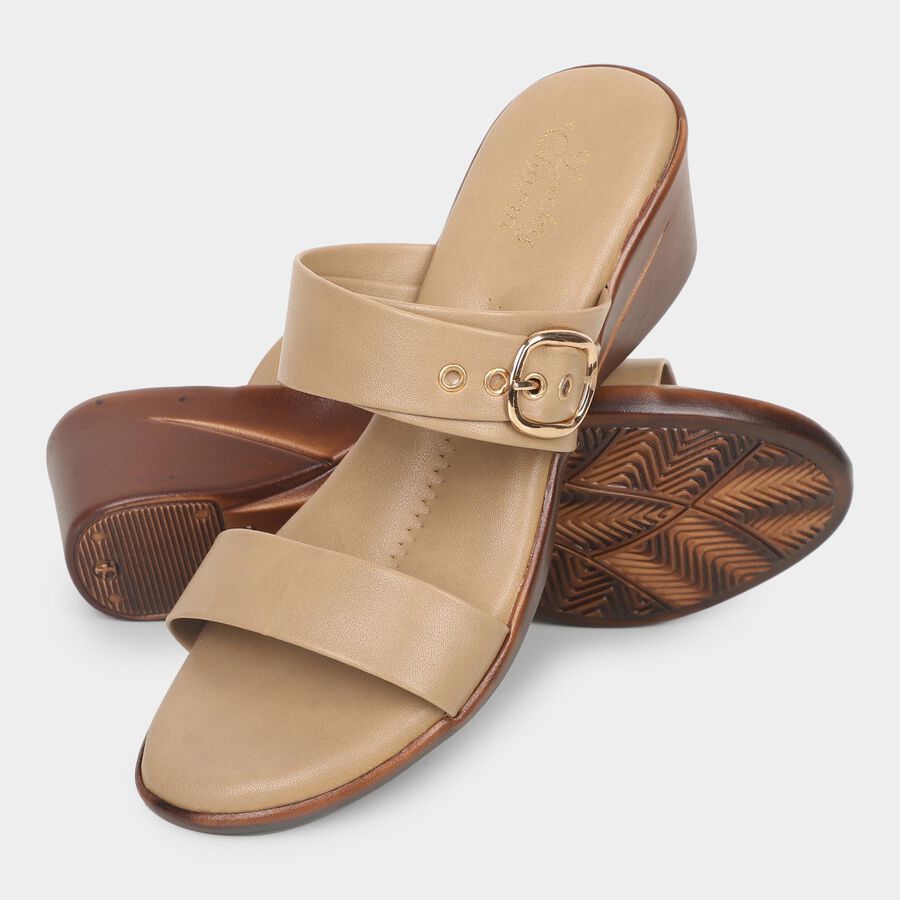 Women's Light Beige Buckle Strap Wedge Sandals, Beige, large image number null