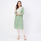 Women's Light Sage Green Cotton Notch Neck Embroidered Kurta, हल्का हरा, small