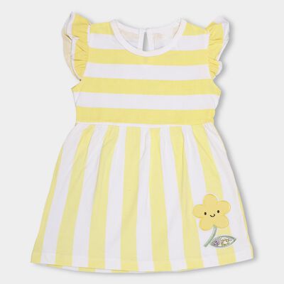 Girls' Bright Yellow And White Striped Flutter Sleeve Frock