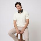 Men's Cream Polo Neck Solid Polo T-Shirt, ऑफ व्हाइट, small