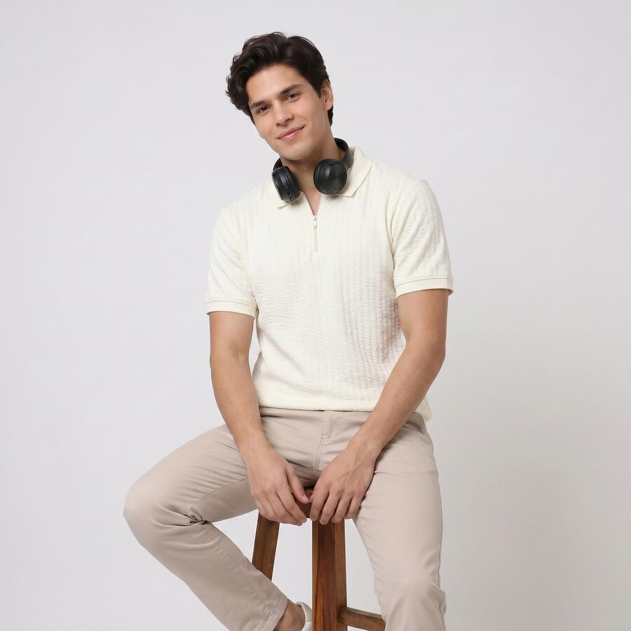 Men's Cream Polo Neck Solid Polo T-Shirt, ऑफ व्हाइट, large