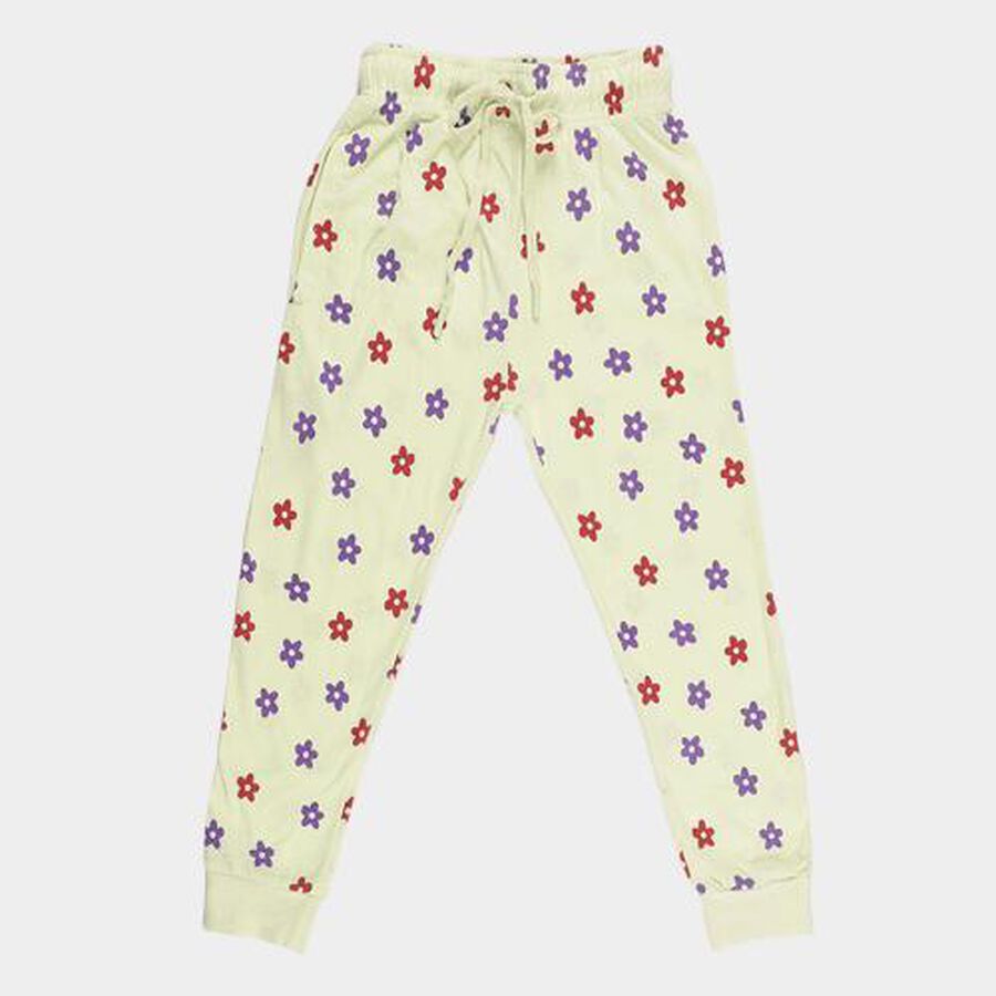 Girls' Light Mint Green Floral Printed Cotton Blend Pyjama, Light Green, large image number null