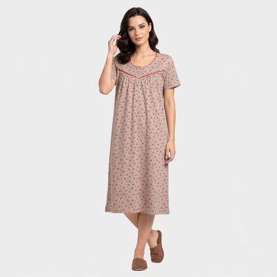 Women Grey Round Neck A-Line Nighty