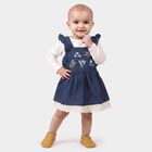Infants' Navy Blue Fit and Flare Embroidered Ruffle Strap Frock, मध्यम नीला, small