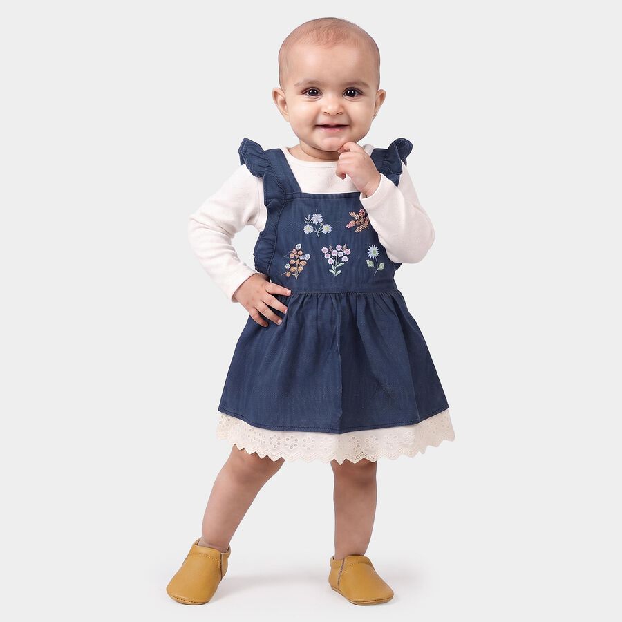 Infants' Navy Blue Fit and Flare Embroidered Ruffle Strap Frock, मध्यम नीला, large