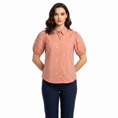 Women's Pink Cotton Floral Spread Collar Regular Fit Shirt