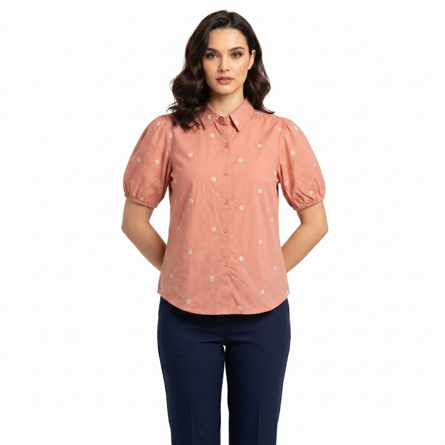 Women's Pink Cotton Floral Spread Collar Regular Fit Shirt, Pink, large
