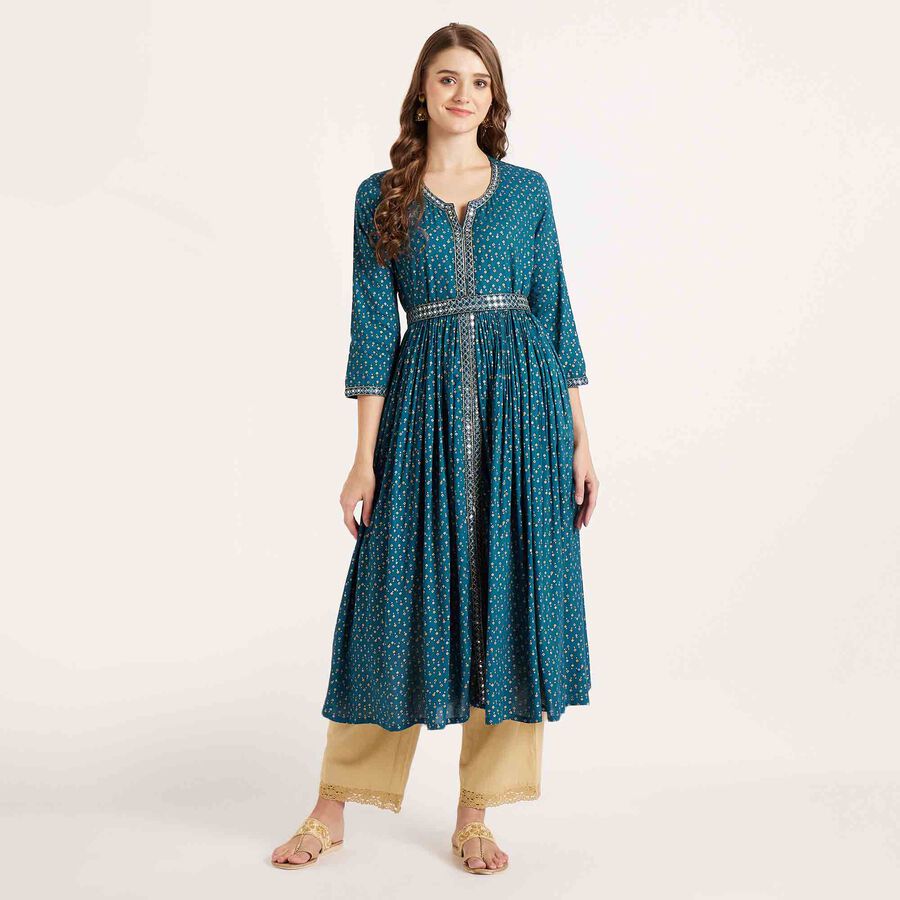 Embroidered 3/4th Sleeve Kurta, टील ब्लू, large image number null
