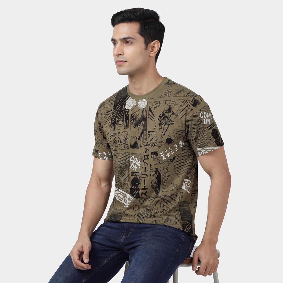 Men's Olive Cotton Round Neck Casual T-Shirt, ओलिव, large