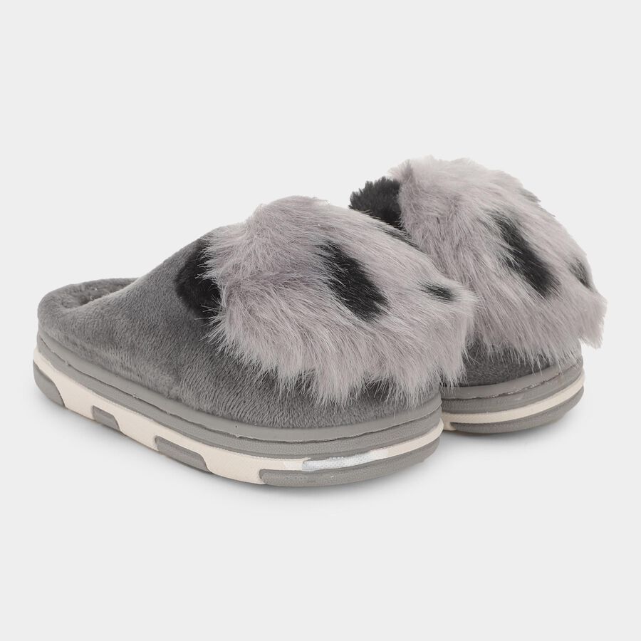 Kids Muted Charcoal Grey Fur Slip-On Winter Slippers, Grey, large image number null